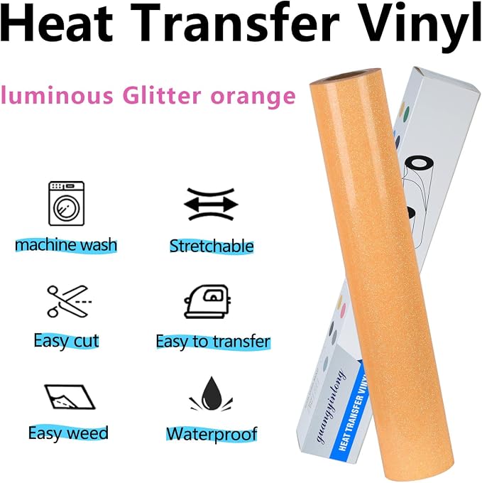 guangyintong Glow Glitter Orange Yellow Heat Transfer Vinyl HTV Rolls, Glitter - Image 6