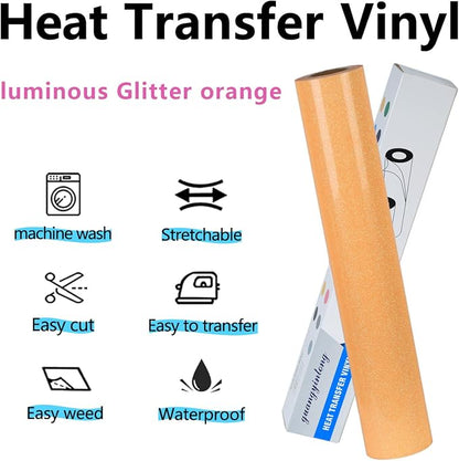 guangyintong Glow Glitter Orange Yellow Heat Transfer Vinyl HTV Rolls, Glitter - Image 6