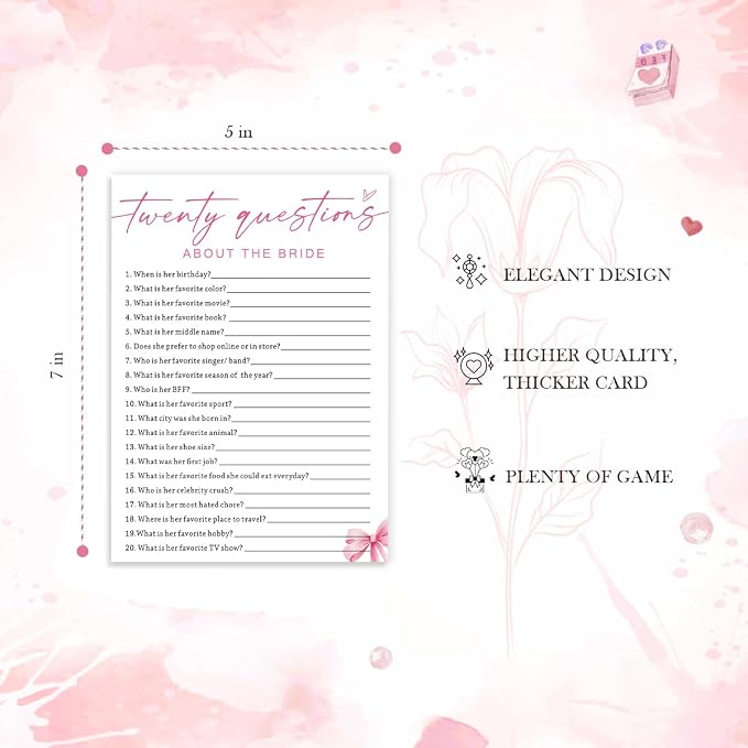 Wedding Shower Games Cards, Twenty Questions About The Bride, Bridal Shower - Image 2