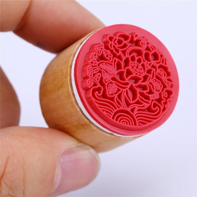 CCINEE 6pcs Round Rubber Stamps Floral Pattern Wooden Stamps - Image 4