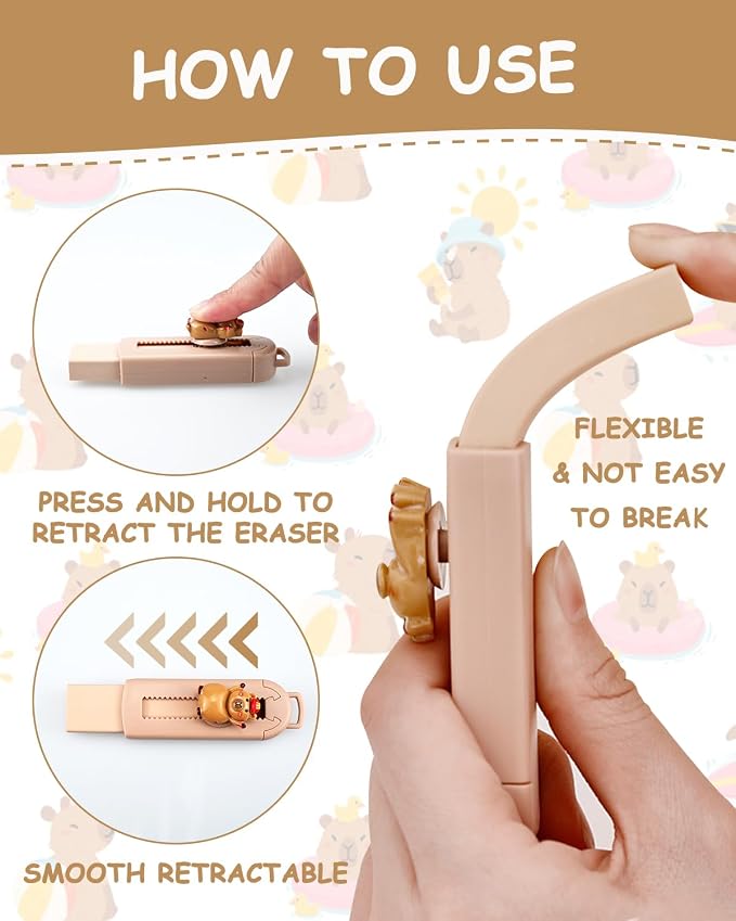 5 Pack Capybara Retractable Erasers, Cute Pencil Erasers - Image 3