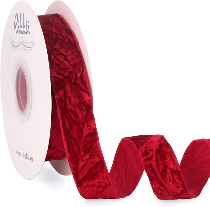 Ribbli Dark Red Velvet Ribbon 1 Inches Luxury Crinkled Red Christmas Ribbon by Ribbli