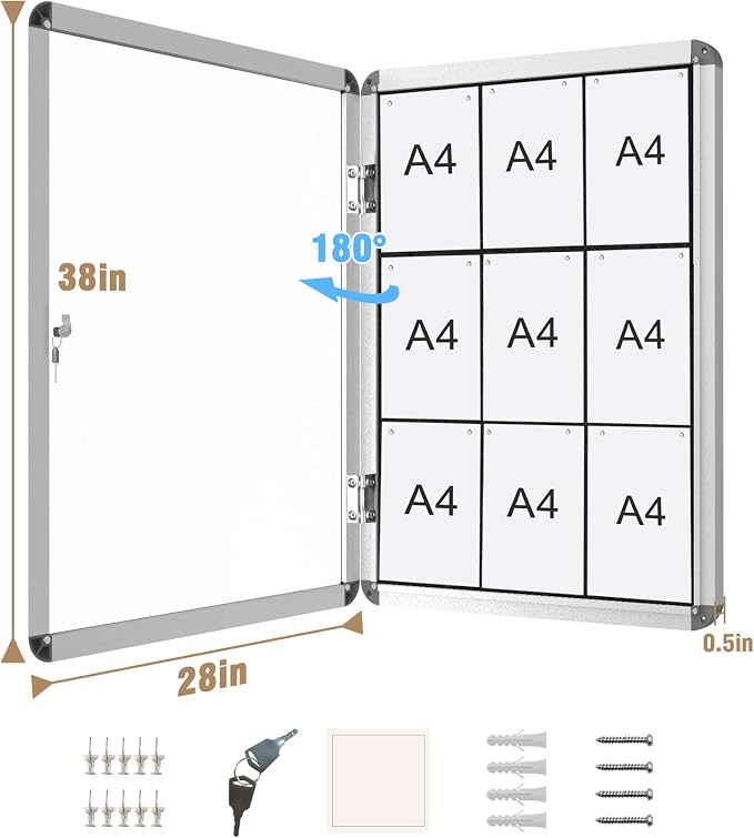 38"x28" Enclosed Bulletin Board, Lockable Weather-Resistant Aluminum Cork - Image 5