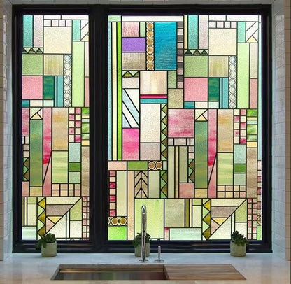 3D Stained Glass Window Privacy Film, Heat Control UV Blocking Static Cling by OHTMERU
