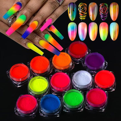 13 Colors Neon Phosphor Pigment Powder Set, Super Bright Fluorescent Nail by SUTOKAKA