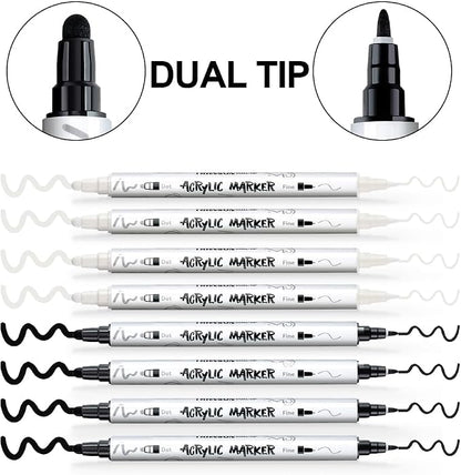 TRANSON 4 Black and 4 White Paint Markers Bold and Fine Dual-tip Acrylic Paint - Image 4