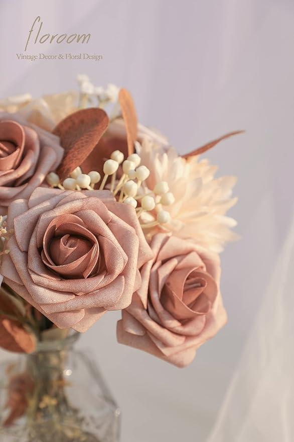 Floroom Artificial Flowers 25pcs Real Looking Warm Taupe & Nude Foam Fake Roses - Image 3