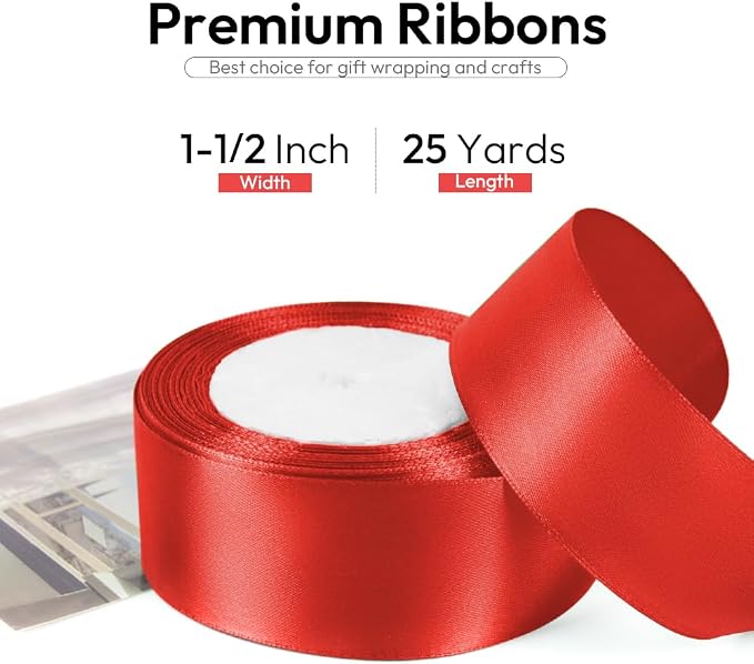 1-1/2 Inch 25 Yards Satin Ribbon Red, Solid Color Fabric Ribbon - Image 2
