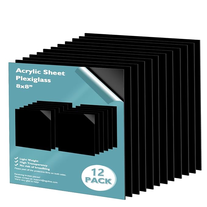 Egofine 8" x 8" Black Plexiglass Sheets 12 Pack 0.04 Inch Cast Acrylic Sheet by Egofine