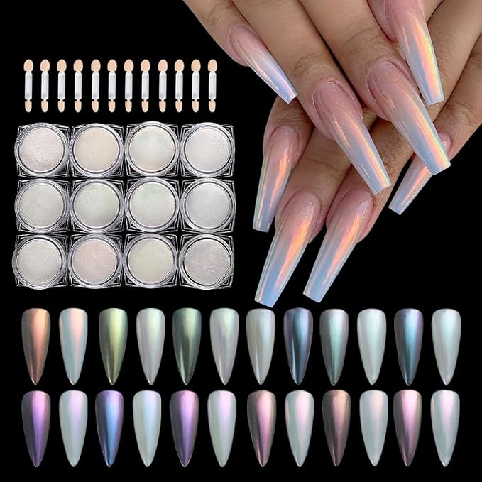 12 Jars Mermaid Chrome Nail Powder, Iridescent Aurora Powder Pearlescent Dust by SUTOKAKA