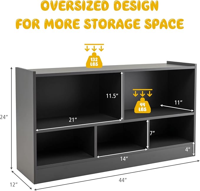 KOTEK Toy Storage Organizer, 5 Cubby Kids Bookshelf, Wooden 3-Tier Bookcase - Image 3