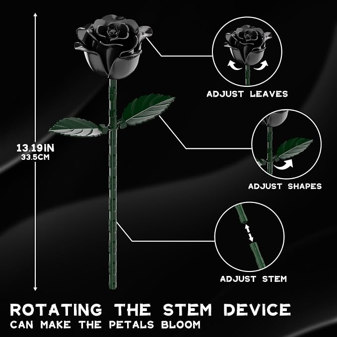 Black Rose Bouquet Building Blocks, Artificial Roses Flowers Botanical - Image 3