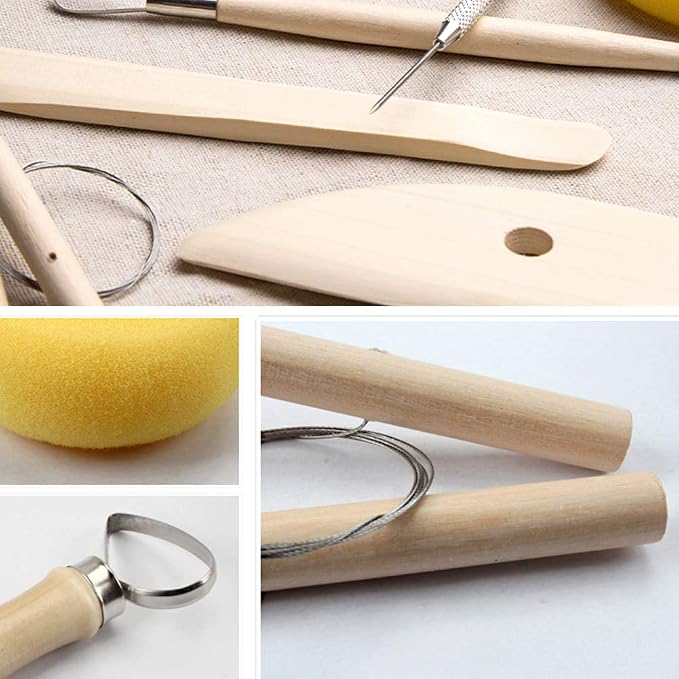 8 Pieces Wooden Pottery Sculpting Clay Cleaning Tool Set, Includes Clay Cutting - Image 6