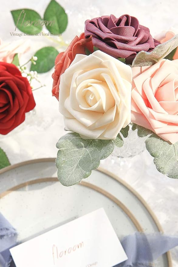 Floroom Artificial Flowers 50pcs Real Looking Champagne Foam Fake Roses - Image 3