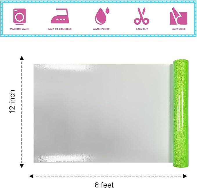 Fluorescent Green Glitter HTV Heat Transfer Vinyl 12" x6FT Glitter Vinyl - Image 3