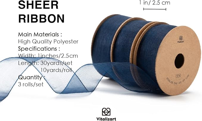 Vitalizart Navy Blue Ribbon Organza Sheer Ribbon 1 inch x 30 Yd in Total - Image 2