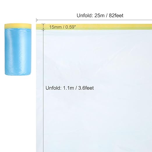uxcell Pre-Taped Masking Film, 3.6ft x 82ft Plastic Paint Drop Cloth - Image 2