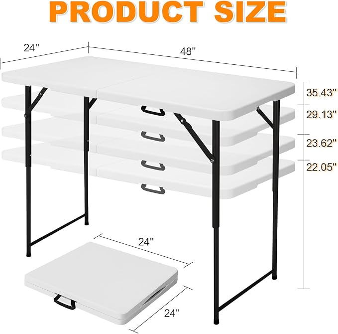 4ft Folding Table, Portable Fold-in-Half Adjustable Height Utility Table - Image 2