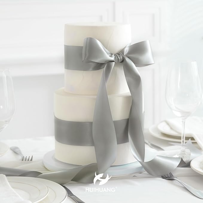 HUIHUANG Silver Satin Ribbon 2 inch Wide Double Faced Satin Ribbon Silver - Image 3