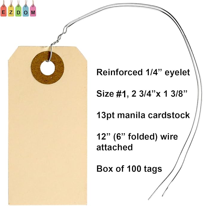100 Manila Shipping Tags with Wire Attached #1-2 3/4” x 1 3/8” - Image 2