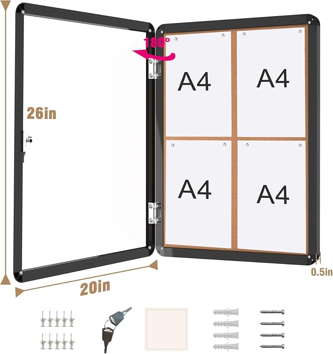 26"x20" Enclosed Bulletin Board, Lockable Weather-Resistant Aluminum Cork - Image 5