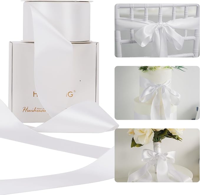 HUIHUANG White Satin Ribbon 2 inch Wide Double Side White Silk Fabric Ribbon by HUIHUANG