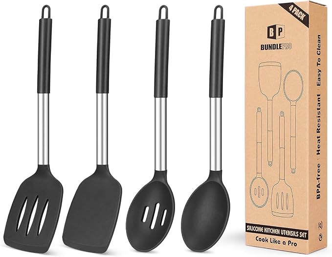 Pack of 4 Silicone Cooking Utensils Set, Non Stick Large Solid Spatulas by BUNDLEPRO
