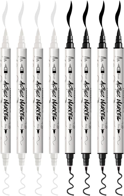 TRANSON 4 Black and 4 White Paint Markers Brush and Fine Dual-tip Acrylic Paint - Image 7