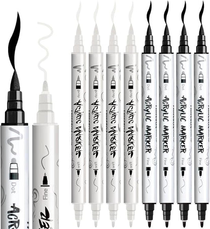 TRANSON 4 Black and 4 White Paint Markers Brush and Fine Dual-tip Acrylic Paint - Image 6