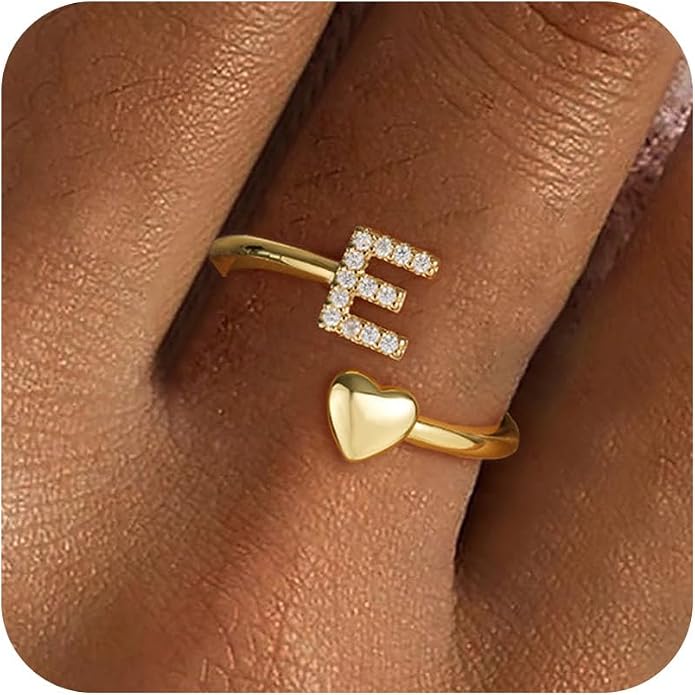 Gold Initial Rings for Women Girls, Dainty 14K Gold Plated Adjustable Initial by FezodoJewelry