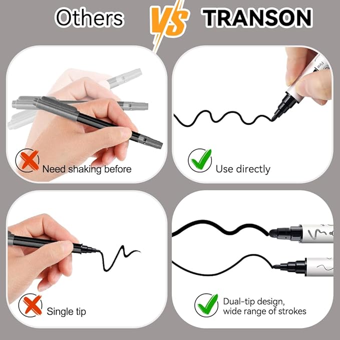 TRANSON 6 Black and 2 White Paint Markers Bold and Fine Dual-tip Acrylic Paint - Image 5