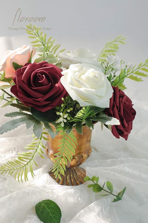 Floroom Artificial Flowers 50pcs Real Looking Burgundy Foam Fake Roses - Image 5