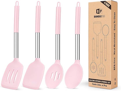 Pack of 4 Silicone Cooking Utensils Set, Non Stick Large Solid Spatulas by BUNDLEPRO