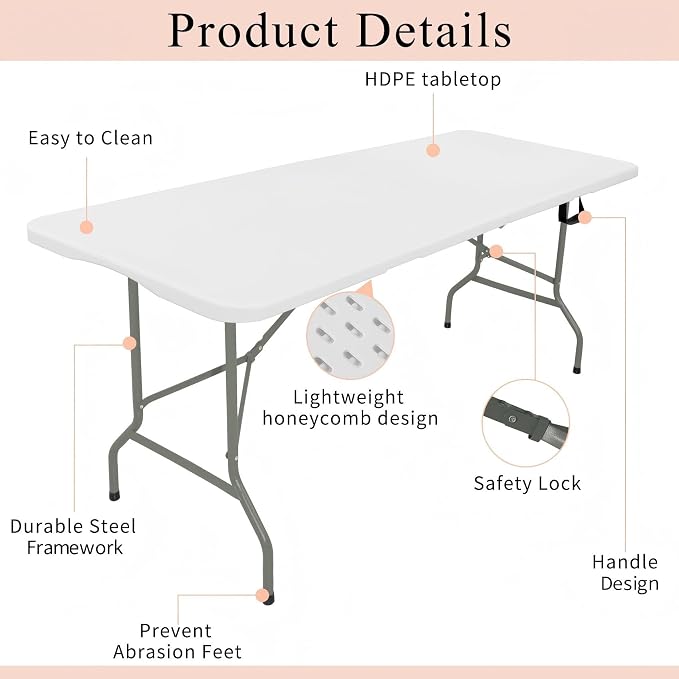 Set of 2 Folding Tables with Carrying Handle Heavy Duty Rectangular Portable - Image 3