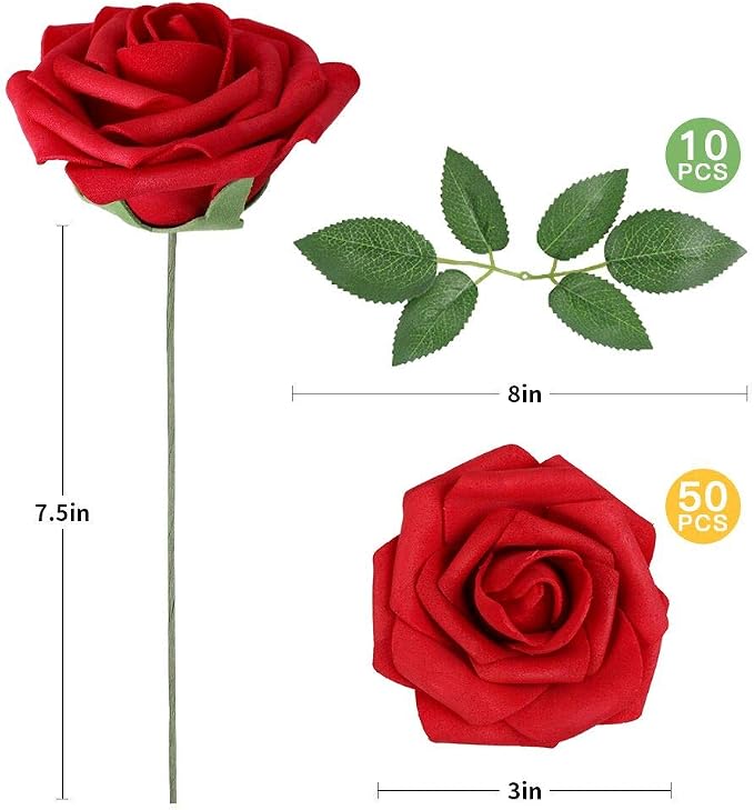 AmyHomie Artificial Flowers Dark Red Rose 50pcs Real Looking Fake Roses w/Stem - Image 2