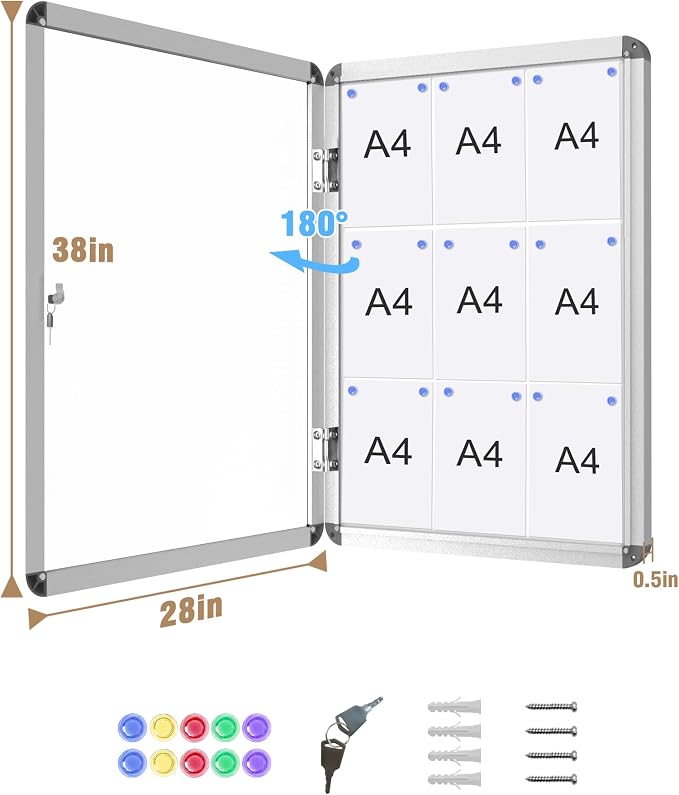 38"x28" Enclosed Bulletin Board, Lockable Weather-Resistant Aluminum Noticeboard - Image 5