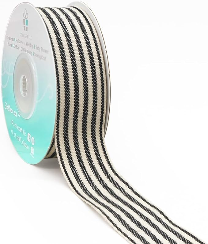 CT CRAFT LLC Ivory Cotton Black Stripes Ribbon 1" x 10 Yards by CTCRAFTLLC