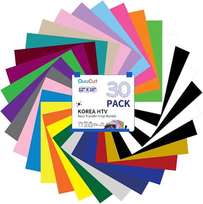 QuuCut HTV Heat Transfer Vinyl Bundle: 30 Pack 12" x 10" Sheets, 26 Assorted by QuuCut