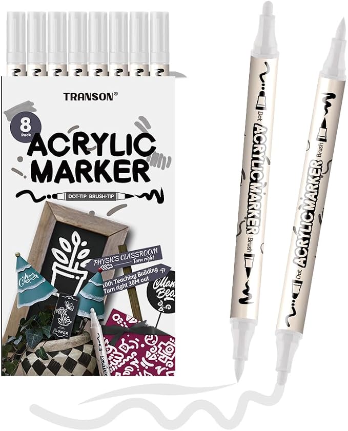 TRANSON 8 Pack White Brush and Bold Dual-tip Acrylic Paint Marker by Transon