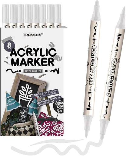 TRANSON 8 Pack White Brush and Bold Dual-tip Acrylic Paint Marker by Transon