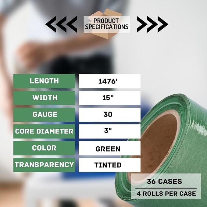 PSBM Green Stretch Wrap, 15 Inch x 1476 Feet, 144 Pack, Tinted Pre-Stretched - Image 4