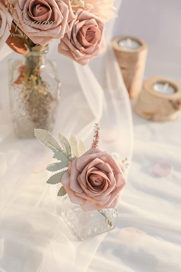 Floroom Artificial Flowers 25pcs Real Looking Warm Taupe & Nude Foam Fake Roses - Image 4