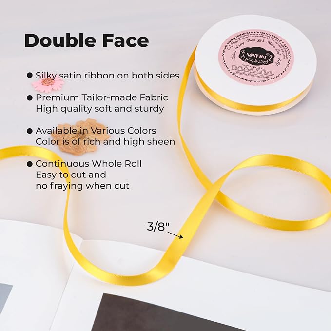 VATIN 3/8 inches Double Faced Maize Yellow Polyester Satin Ribbon - Image 2