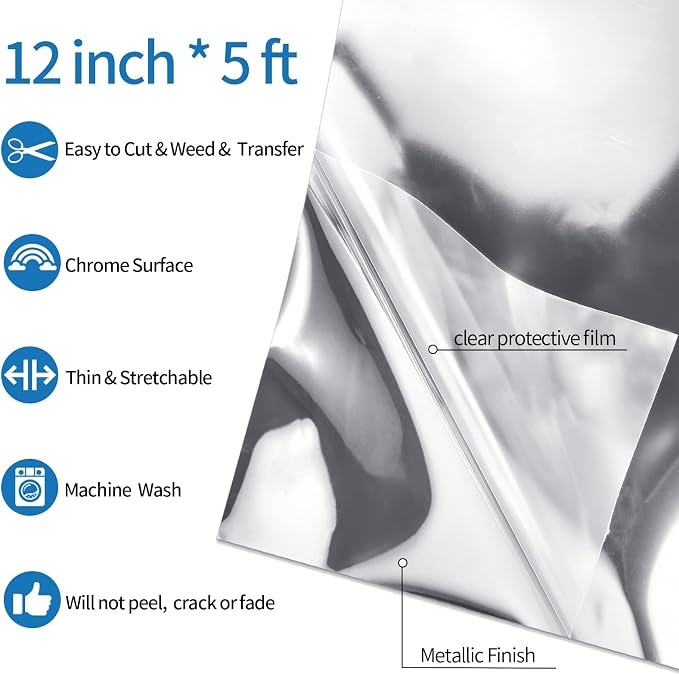 VINYL FROG Metallic Foil HTV Vinyl Roll 12" x5ft Silver Chrome Iron on Vinyl - Image 2