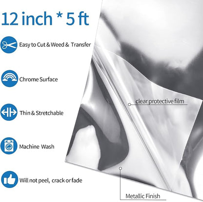 VINYL FROG Metallic Foil HTV Vinyl Roll 12" x5ft Silver Chrome Iron on Vinyl - Image 2