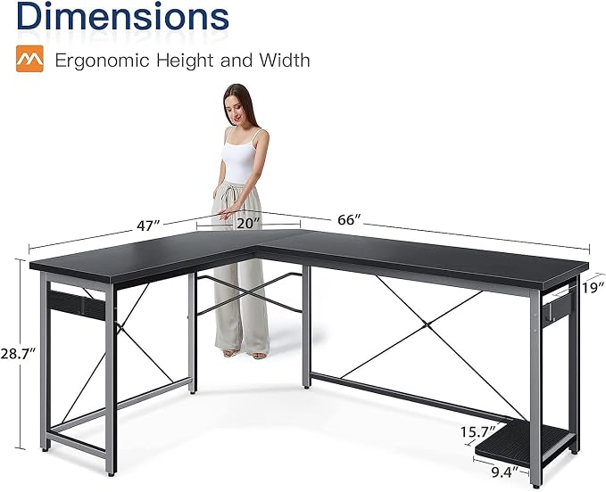 Coleshome 66" L Shaped Gaming Desk, Corner Computer Desk, Sturdy Home Office - Image 3