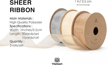 Vitalizart Organza Sheer Ribbon 1 inch x 30 Yd Cream White Rose Gold & Silver - Image 2