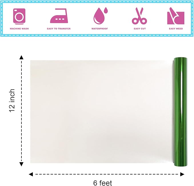Metallic Green Sheet Foil Heat Transfer Vinyl, 12Inch x 6Ft Bundle Chrome HTV - Image 2