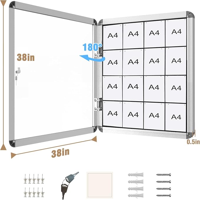 38"x38" Enclosed Bulletin Board, Lockable Weather-Resistant Aluminum Cork - Image 5