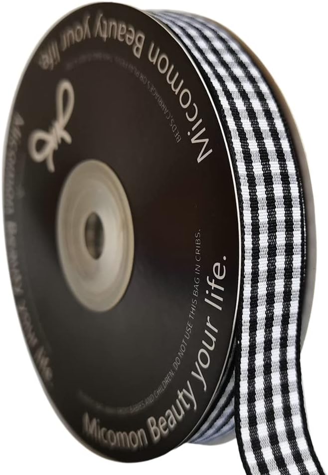 Black and White Wovon Edge Gingham Ribbon 25 Yard Each Roll 100% Polyester by Micomon